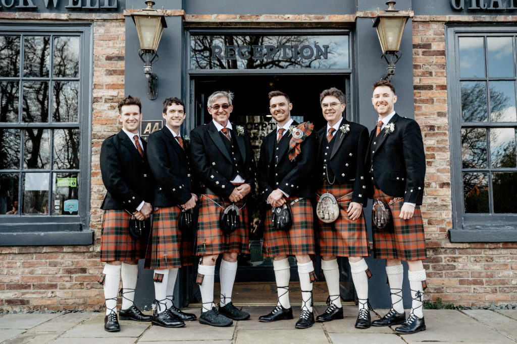 Groom and Groomsmen in matching Methven Tartan Kilts